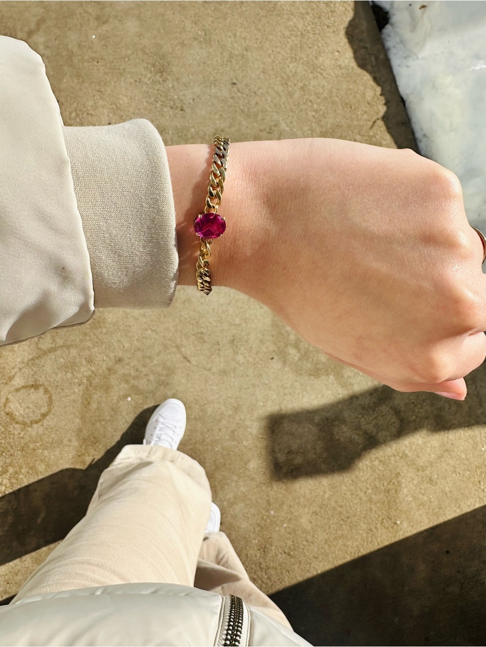 Gold Chain Bracelet with Pink Gemstone Accent